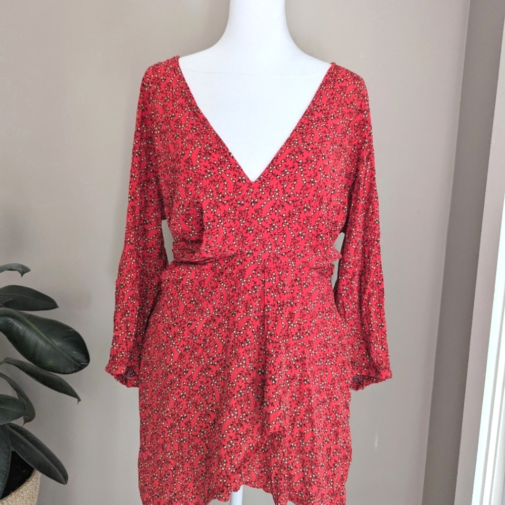 Free People Large deep V wrap mini dress Red floral Tie Back